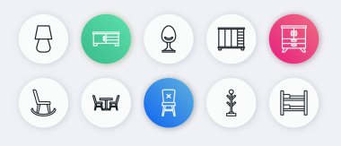 Sıralı Koltuk Koltuğu Koltuğu Koltuk Kol Kabanlığı Dolap Ranzası ve Masa İkonlu. Vektör.