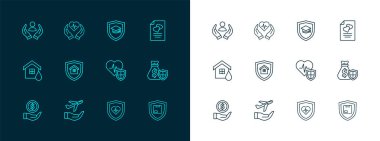 Evlilik sözleşmesini, Shield House Mezuniyet Şapkası ve ikonu ile birlikte elinde hayat sigortasıyla ayarla. Vektör.