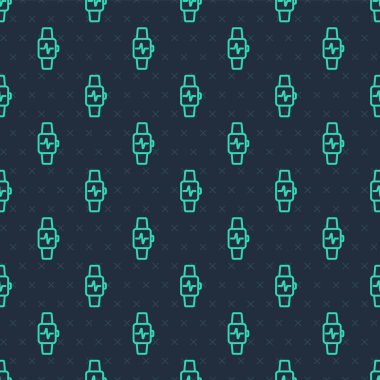 Yeşil çizgi. Akıllı saat kalp atış hızı simgesini gösteriyor. Mavi arkaplanda kusursuz desen var. Fitness uygulaması konsepti. Vektör.