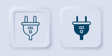 Gri arkaplanda elektrik prizi simgesi dolduruldu ve ana hatları belirlendi. Bağlantı kavramı ve elektriğin kesilmesi. Kare düğmesi. Vektör.