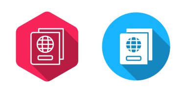 Pasaportu uzun gölge arkaplan ile izole edilmiş biyometrik veri ikonu ile doldurulmuş ve ana hatlarıyla çizilmiş. Kimlik belgesi. Vektör.