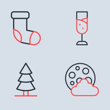 Şampanya kadehi, Noel ağacı gecesi ve çorap ikonu. Vektör.