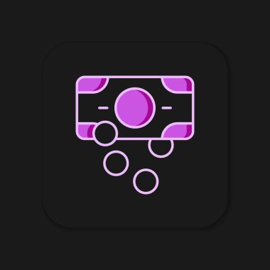 Ana hatları doldurulmuş kağıt para para ikonu siyah arka planda izole. Para desteleri. Para birimi. Düz çizgili, gölgeli. Vektör.