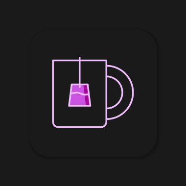 Siyah arkaplanda izole edilmiş bir fincan çay ikonu. Düz çizgili, gölgeli. Vektör.