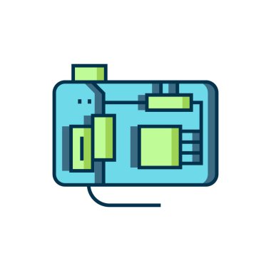 Elektronik bilgisayar bileşenleri ana kart dijital çip entegre bilim ikonu beyaz arka planda izole edildi. Devre kartı. Düz çizgili, gölgeli. Vektör.