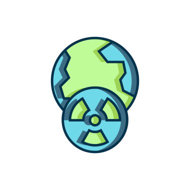 Yeryüzü gezegeni ve beyaz arka planda izole edilmiş radyasyon sembolü ikonu. Çevresel konsept. Düz çizgili, gölgeli. Vektör.
