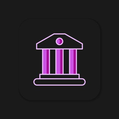 Doldurulmuş ana hatlı banka binası simgesi siyah arkaplanda izole edildi. Düz çizgili, gölgeli. Vektör.