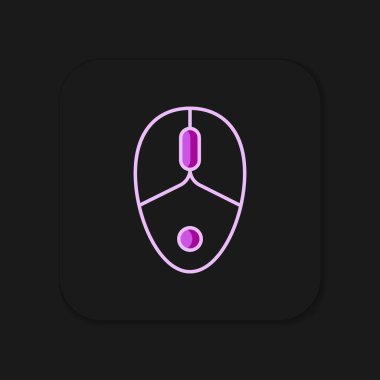 Doldurulmuş ana hatlı Bilgisayar fare oyun simgesi siyah arkaplanda izole edildi. Tekerlek sembollü optik. Düz çizgili, gölgeli. Vektör.