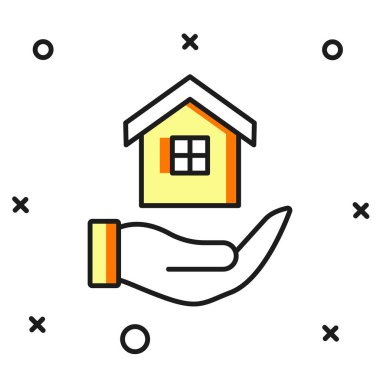 Beyaz arka planda elle doldurulmuş ev simgesi izole edildi. Sigorta konsepti. Güvenlik, güvenlik, koruma, konsept koruma. Düz çizgili, gölgeli. Vektör.