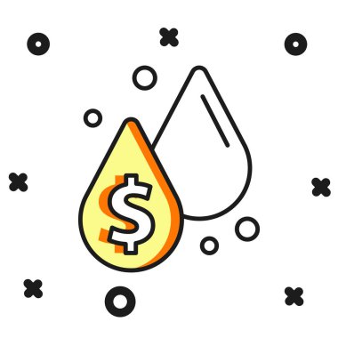 Beyaz arka planda izole edilmiş dolar sembolü simgesiyle ana hatlarıyla doldurulmuş yağ damlası. Petrol fiyatı. Petrol ve petrol endüstrisi. Düz çizgili, gölgeli. Vektör.
