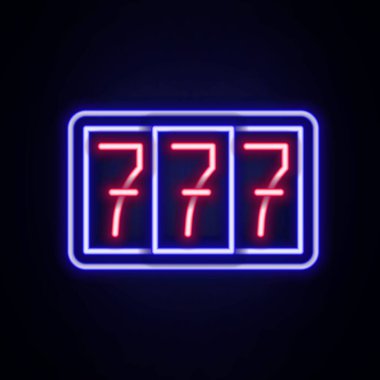 Tuğla duvar arkasında izole edilmiş uğurlu yedili büyük ikramiye ikonu olan parlak neon çizgili slot makinesi. Renkli taslak konsepti. Vektör.