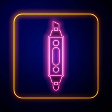 Parlayan neon ışıklı kalem simgesi siyah arkaplanda izole edildi. Vektör.