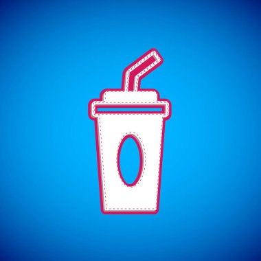 Mavi zemin üzerinde saman ve su ikonu olan beyaz kağıt bardak. Soda bardağı. Taze soğuk içecek sembolü. Vektör.