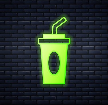 Duvarda izole edilmiş pipet ve su ikonu ile parlayan neon kağıt bardaklar. Soda bardağı. Taze soğuk içecek sembolü. Vektör.