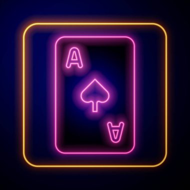 Siyah arkaplanda izole edilmiş maça sembollü parlak neon oyun kartı. Kumarhane kumarı. Vektör.