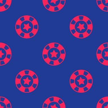 Kırmızı Kumarhane çipleri simgesi mavi arka planda izole edilmiş. Kumarhane kumarı. Vektör.