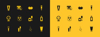 Krem ya da losyon kozmetik tüpü fırçası tırnak cilası şişesi sivilce maskesi gülen dudaklar ve ikon. Vektör.