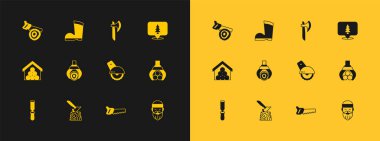 Ağaçtan yapılmış baltayı elektrikli elektrikli elektrikli elektrikli testere el grafiği vinç tutacağı ve su geçirmez lastik bot ikonuna yerleştir. Vektör.