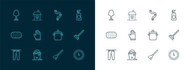 Deterjan köpüğü ve köpüklü temizlik spreyi fırın kabı süpürge sapı eldiven endüstrisi metalik boru şarap kadehi ve House ikonu. Vektör.