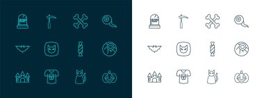 Çizgili Göz Gömleği ve Kafatası Şekeri Kara Kedi Çizgili Kemikler Tombstone RIP ve Tırpan ikonu. Vektör.