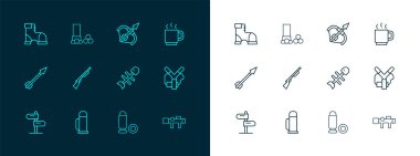 Sıralı kahve fincanı termos kabı Ölü balık mermisi av tüfeği Ortaçağ yayları ve ok avcısı çizmeleri ve kartuş ikonu. Vektör.