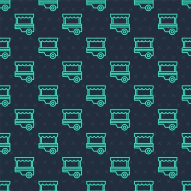 Yeşil hat Fast Street yemek arabası, tente simgesi, mavi arka planda izole edilmiş, pürüzsüz desen. Şehir büfesi. Vektör.