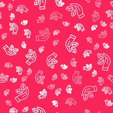 White line Hand hold a leaf of the plant icon isolated seamless pattern on red background. Care nature. Leaf shoots with environmental protection.  Vector.