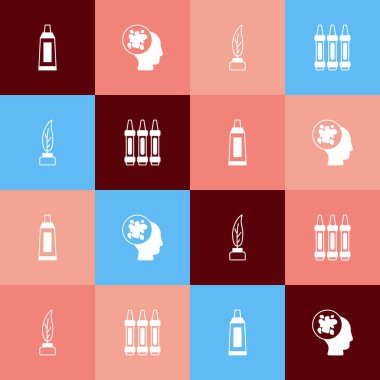 Resim tüpünü boya palet boya spreyi tüyü, mürekkep hokkası ve mum boya kalemleriyle ikon çizmek için ayarla. Vektör.