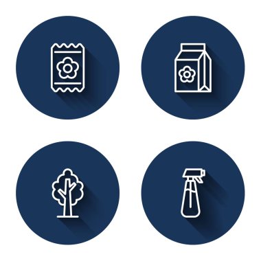 Tohumlarla dolu bir sıra oluştur ağaç ve bahçe püskürtücüsü uzun gölgeli su için. Mavi daire düğmesi. Vektör.