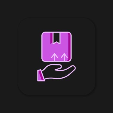 Taslak teslimat eli, siyah arkaplanda izole edilmiş karton kutu simgesi ile dolduruldu. Kuryeyle kapı kapı dolaşacağız. Düz çizgili, gölgeli. Vektör.