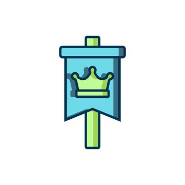 Doldurulmuş Ortaçağ bayrağı simgesi beyaz arkaplanda izole edildi. Bir kral ya da kraliçe tarafından yönetilen ülke, devlet ya da bölge. Düz çizgili, gölgeli. Vektör.