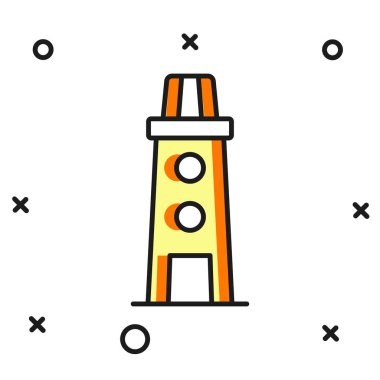 Beyaz arkaplanda izole edilmiş ana hatlı deniz feneri simgesi. Düz çizgili, gölgeli. Vektör.