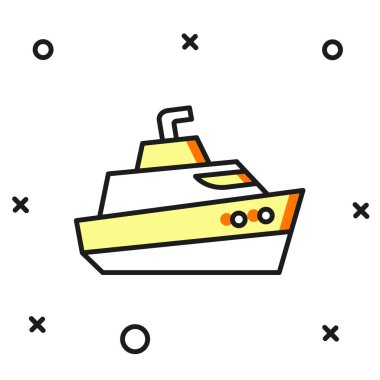 Beyaz arkaplanda izole edilmiş ana hatlı sürat teknesi simgesi. Düz çizgili, gölgeli. Vektör.