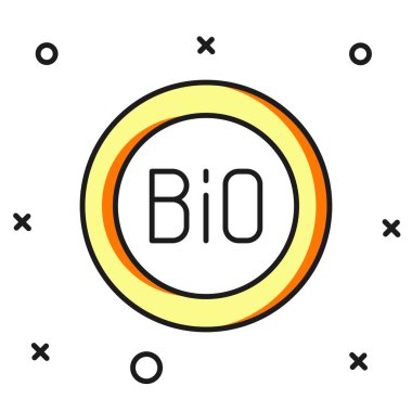 Afiş, etiket, etiket, biyoyeşil sağlıklı yiyecek ikonu için beyaz arka planda izole edilmiş logo. Organik ürün. Sağlıklı yemek etiketi. Düz çizgili, gölgeli. Vektör.