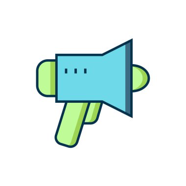 Doldurulmuş ana hatlı Megafon simgesi beyaz arkaplanda izole edildi. Sözcü işareti. Düz çizgili, gölgeli. Vektör.