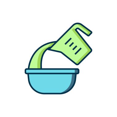 Taslak çizilmiş ölçü kabı beyaz arkaplanda izole edilmiş kase ikonuna sıvı döküyor. Plastik şişenin sapı var. Düz çizgili, gölgeli. Vektör.