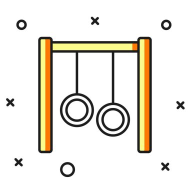 Beyaz arkaplanda izole edilmiş ana hatlı jimnastik halkaları simgesi. Yüzüklü ip asılı oyun alanı ekipmanları. Düz çizgili, gölgeli. Vektör.