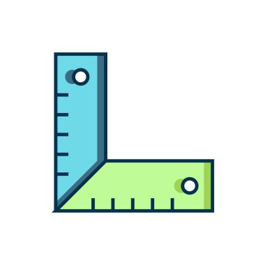 Doldurulmuş Corner cetvel simgesi beyaz arkaplanda izole edildi. Yerleşim alanı, açı cetvel, marangozluk, ölçüm aletleri, ölçek. Düz çizgili, gölgeli. Vektör.