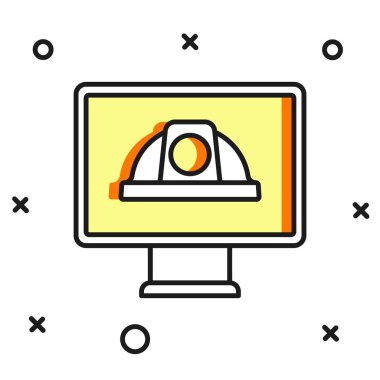 Taslak çizili İşçi Kaskı simgesi beyaz arkaplanda izole edildi. Düz çizgili, gölgeli. Vektör.