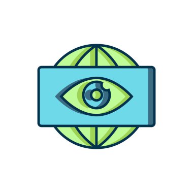 Ana hatları doldurulmuş elektronik göz ikonu beyaz arka planda izole edilmiş. Küresel izleme teknolojisi, bilgisayar sistemleri ve ağ güvenliği. Düz çizgili, gölgeli. Vektör.