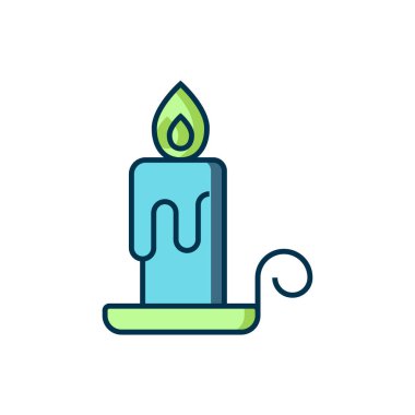 Beyaz arkaplanda izole edilmiş şamdan ikonunda yanan mum. Silindirik mum çubuğu ve yanan ateş. Düz çizgili, gölgeli. Vektör.