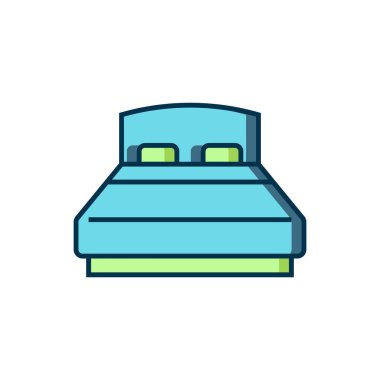 Beyaz arka planda izole edilmiş iki ya da bir kişi için büyük yatak. Düz çizgili, gölgeli. Vektör.