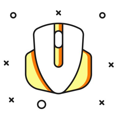 Doldurulmuş ana hatlı bilgisayar fare oyun simgesi beyaz arkaplanda izole edildi. Tekerlek sembollü optik. Düz çizgili, gölgeli. Vektör.