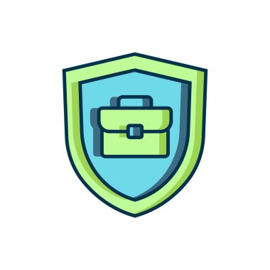 Beyaz arkaplanda izole edilmiş kalkan simgesiyle dolu ana hatlı çanta. Sigorta konsepti. Güvenlik, güvenlik, koruma, konsept koruma. Düz çizgili, gölgeli. Vektör.
