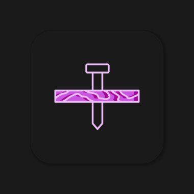 Metalik çivi ve tahta simgesi ile kaplanmış siyah arka planda izole edilmiş. Düz çizgili, gölgeli. Vektör.