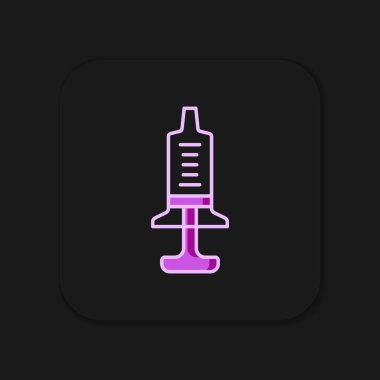 Doldurulmuş Şırınga simgesi siyah arkaplanda izole edildi. Aşı için şırınga, aşı, iğne, grip aşısı. Tıbbi ekipman. Düz çizgili, gölgeli. Vektör.