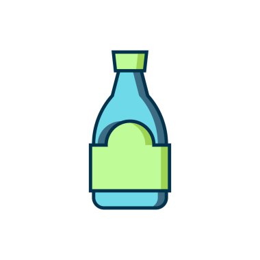 Beyaz arka planda izole edilmiş ana hatlı Soya sosu şişesi ikonu. Düz çizgili, gölgeli. Vektör.