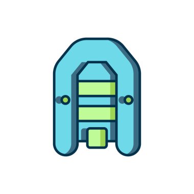 Beyaz arka planda izole edilmiş dıştaki motor ikonu ile doldurulmuş şişme bot. Düz çizgili, gölgeli. Vektör.