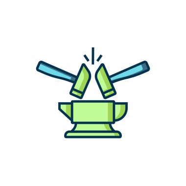 Ana hatları doldurulmuş demirci örs aracı ve çekiç simgesi beyaz arkaplanda izole edilmiş. Metal dövmesi. Kalpazanlık aleti. Düz çizgili, gölgeli. Vektör.