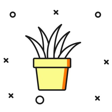 Doldurulmuş bitki özü beyaz arkaplanda izole edilmiş tencere simgesi. Tencerede yetişen bir bitki. Saksı bitkisi işareti. Düz çizgili, gölgeli. Vektör.